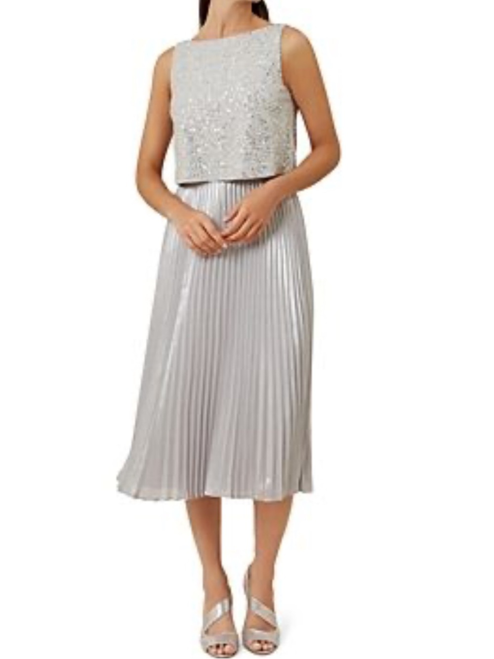 HOBBS Silver Sequin Top Pleated midi Dress size 8